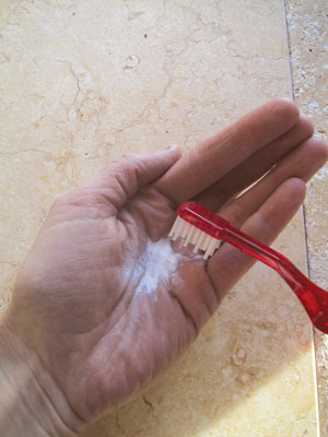 Sprinkle some of the dentifrice in your palm and pick it up with the moistened toothbrush. Brush as usual.